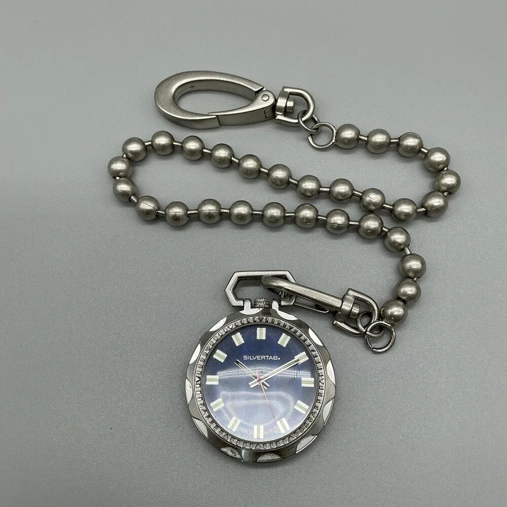 Silvertab Pocket Watch Men 44mm Silver Tone Open Face Blue Chain New Battery